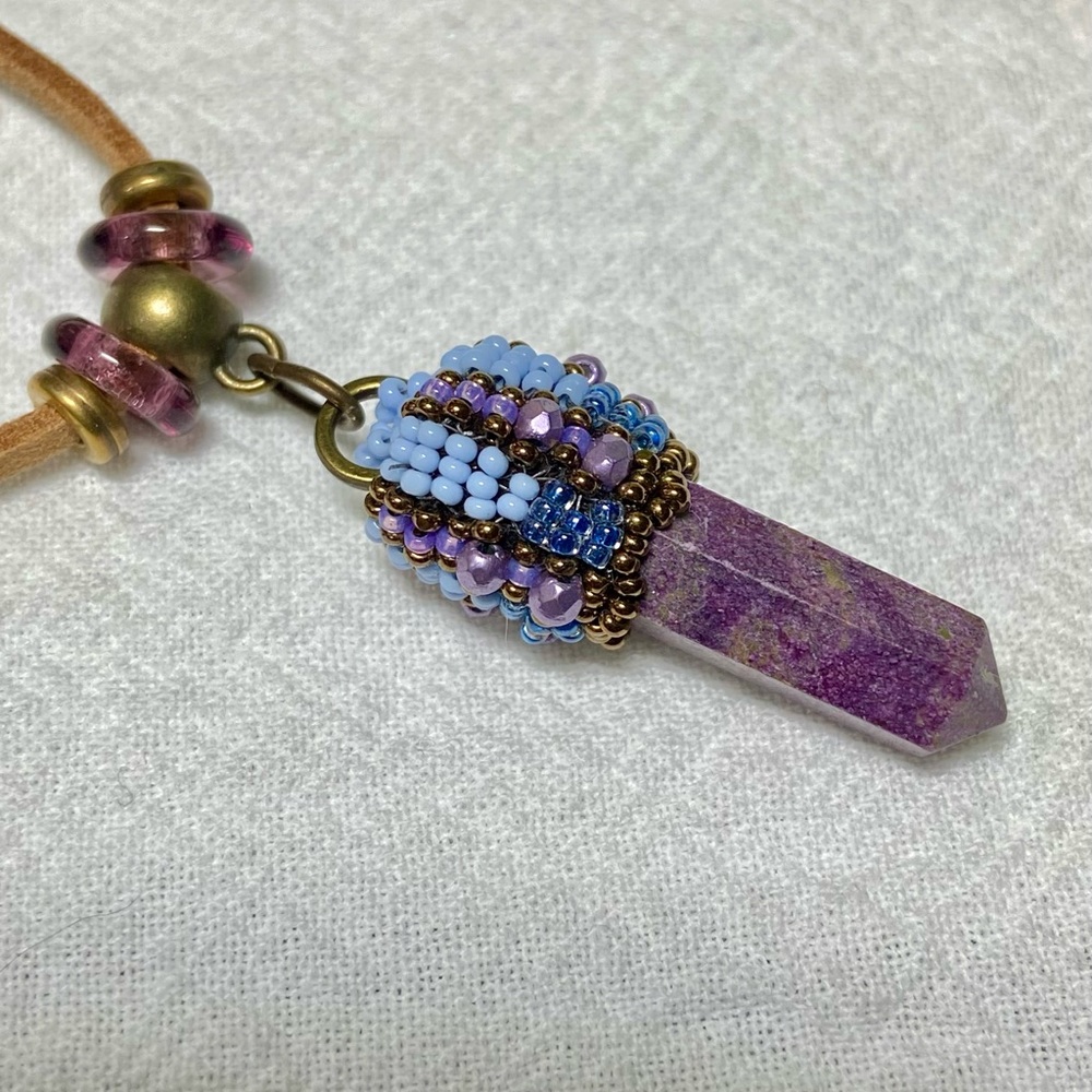 Stichtite Artisan Beaded Pendant Necklace Purple and Powder Blue